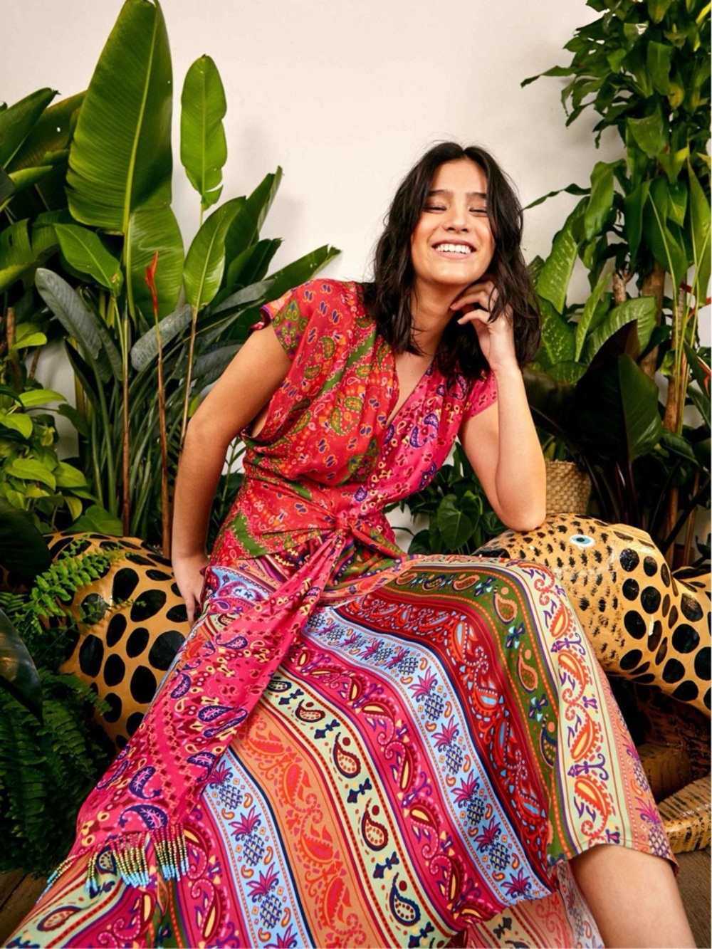 NWT FARM Rio Vibrant Colorful Bandana Waist Binding Paisley & Stripe Midi Dress